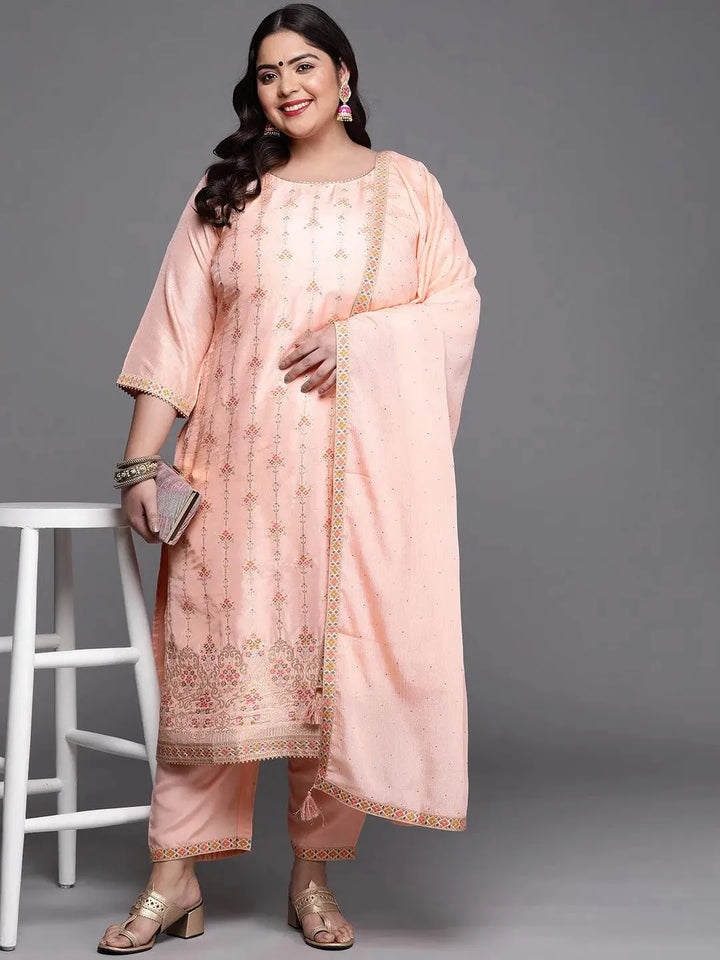 Plus Size Peach Woven Design Silk Blend Suit Set - Libas