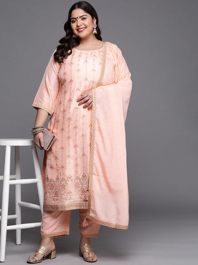 Plus Size Peach Woven Design Silk Blend Suit Set - Libas