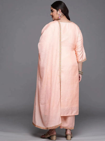 Plus Size Peach Woven Design Silk Blend Suit Set - Libas