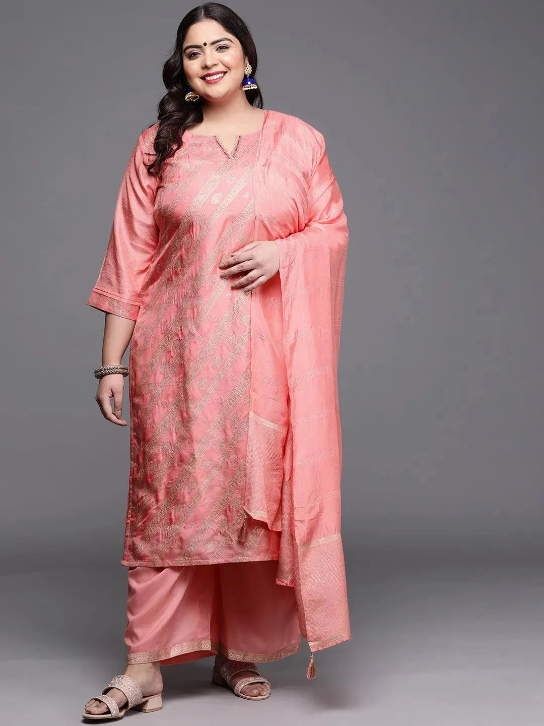 Plus Size Peach Woven Design Silk Blend Suit Set - Libas