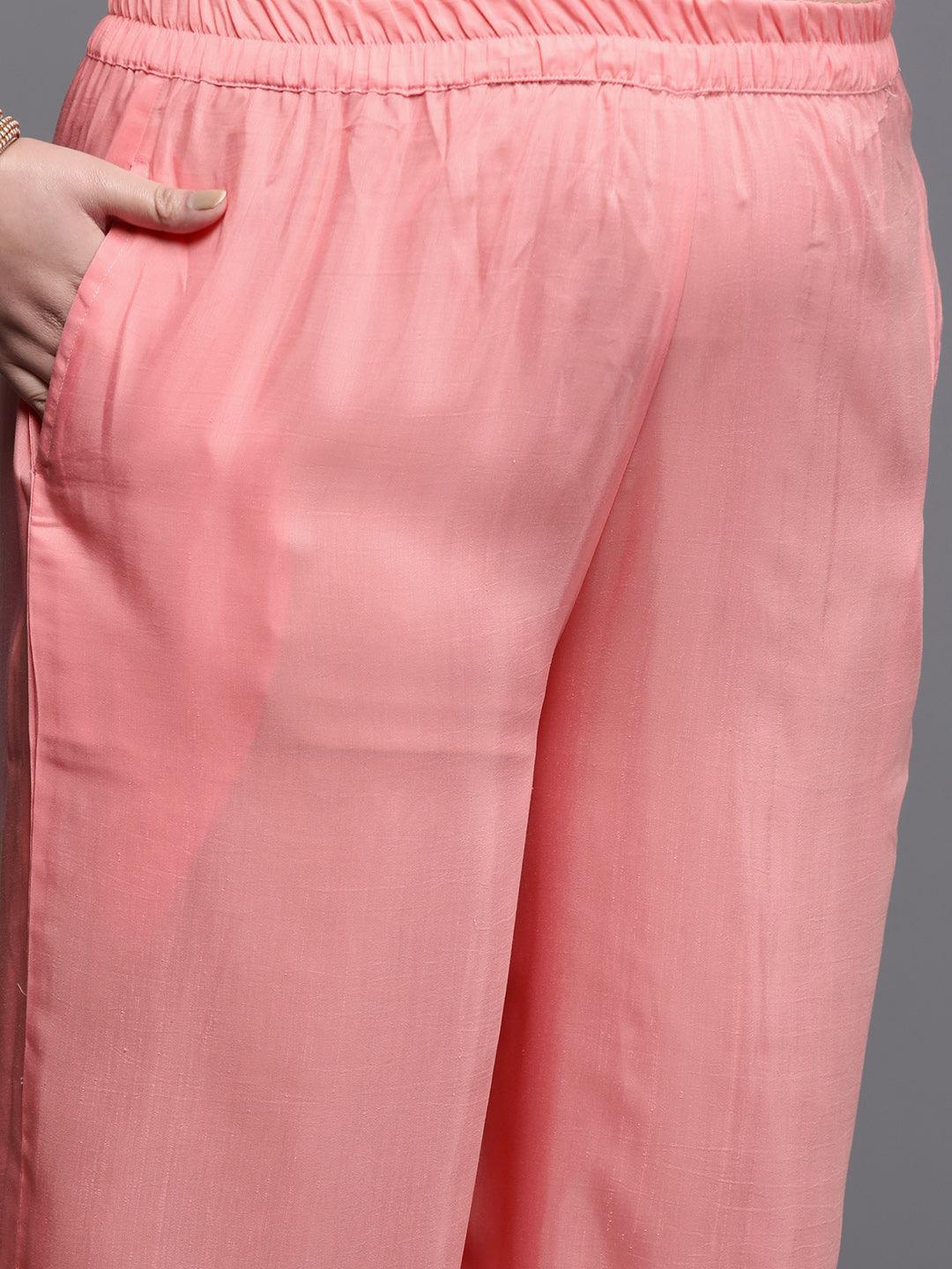 Plus Size Peach Woven Design Silk Blend Suit Set - Libas