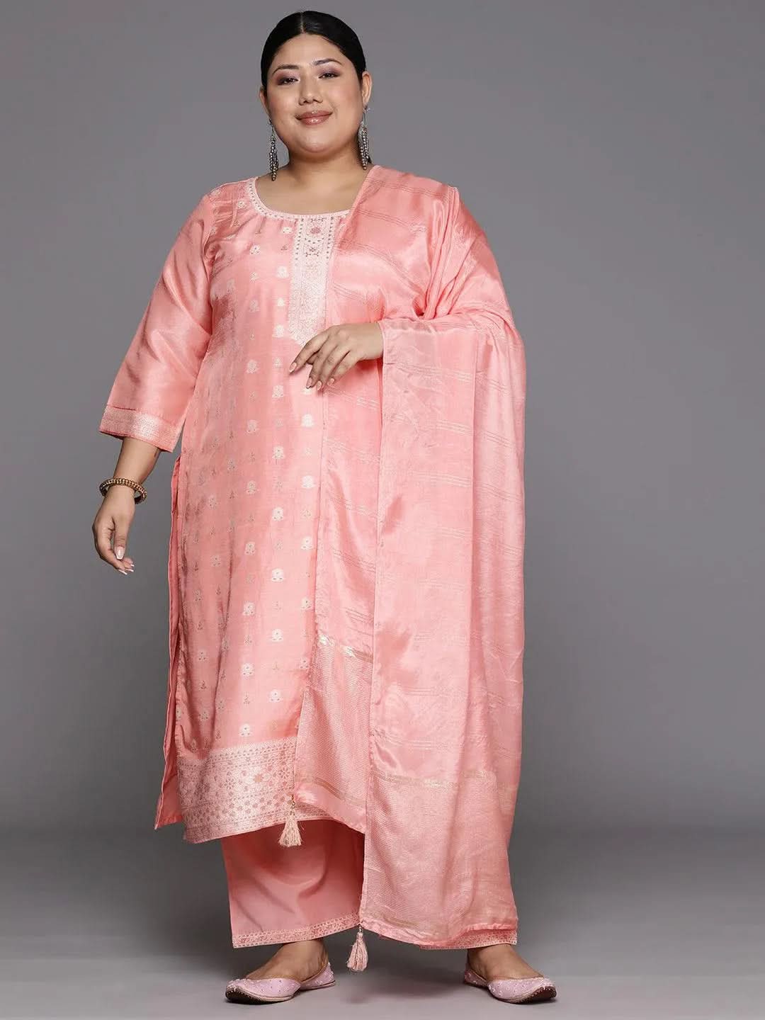 Buy Plus Size Peach Woven Design Silk Blend Straight Kurta With