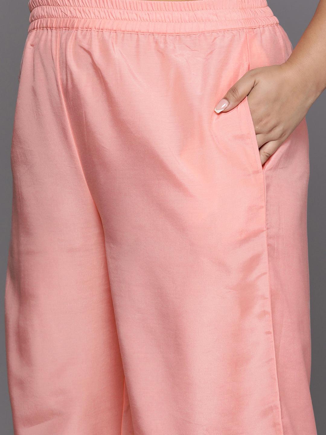 Plus Size Peach Woven Design Silk Blend Straight Kurta With Trousers & Dupatta
