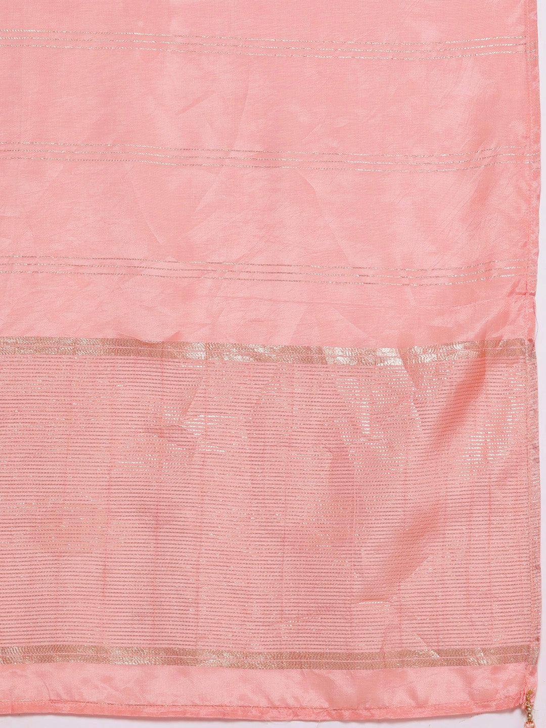 Plus Size Peach Woven Design Silk Blend Straight Kurta With Trousers & Dupatta