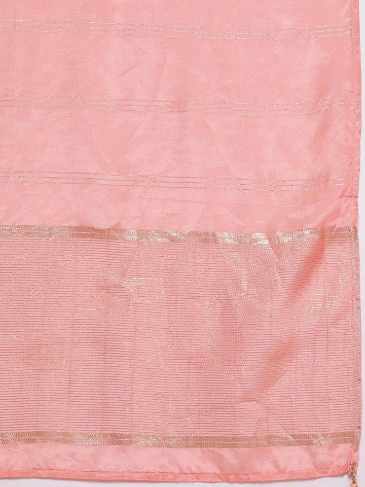 Plus Size Peach Woven Design Silk Blend Straight Suit Set - Libas