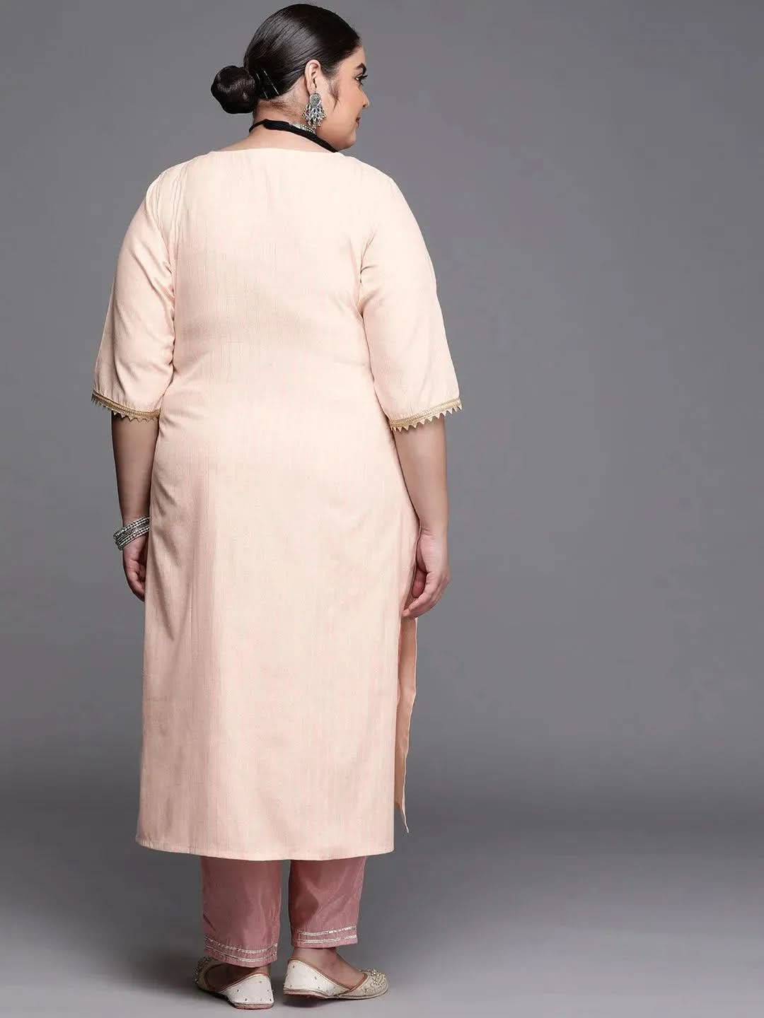 

Plus Size Peach Yoke Design Cotton Silk Kurta