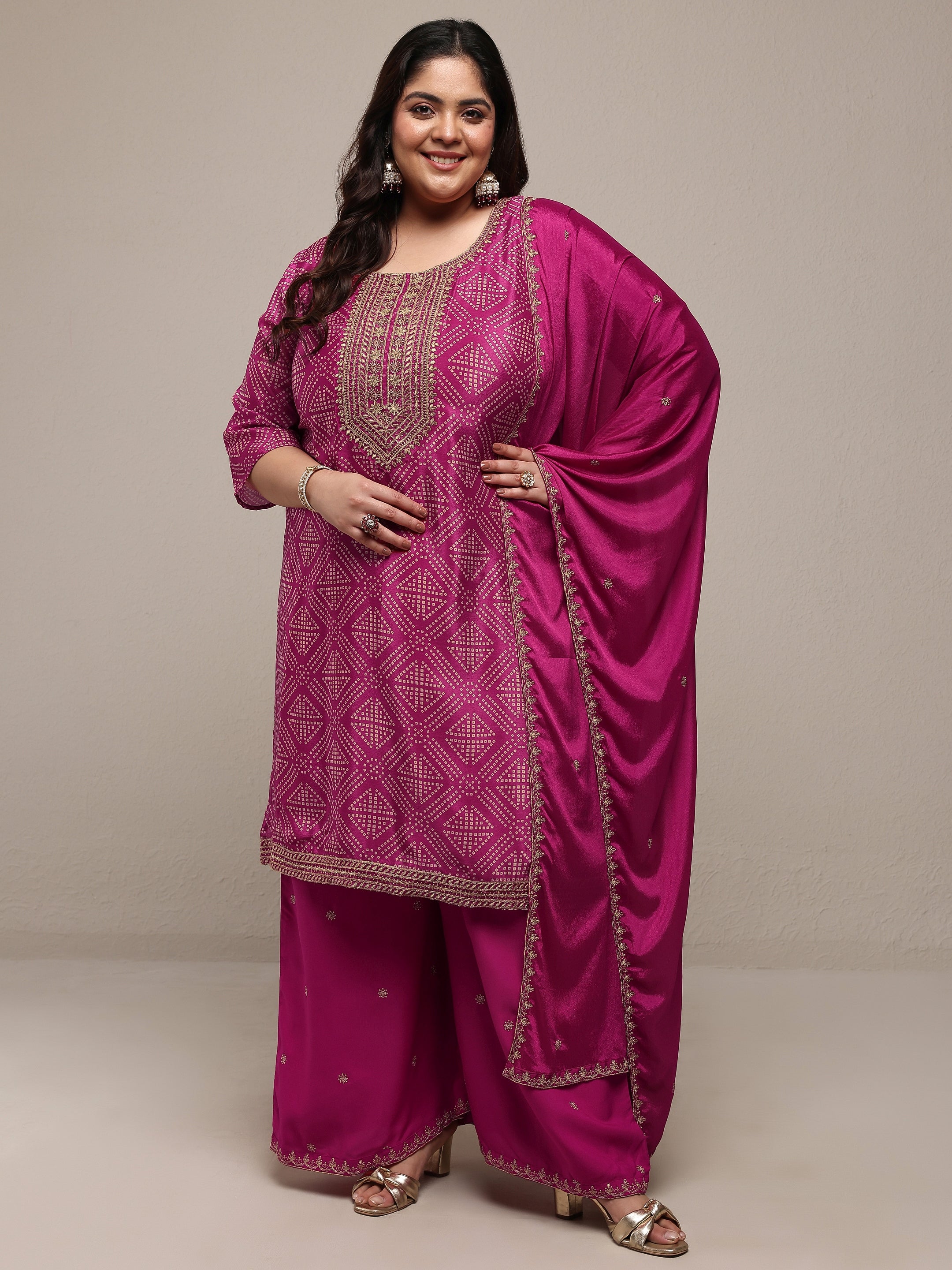 libas Plus Size Pink Bandhani Printed Chinon Straight Suit Set With Dupatta-picture-29