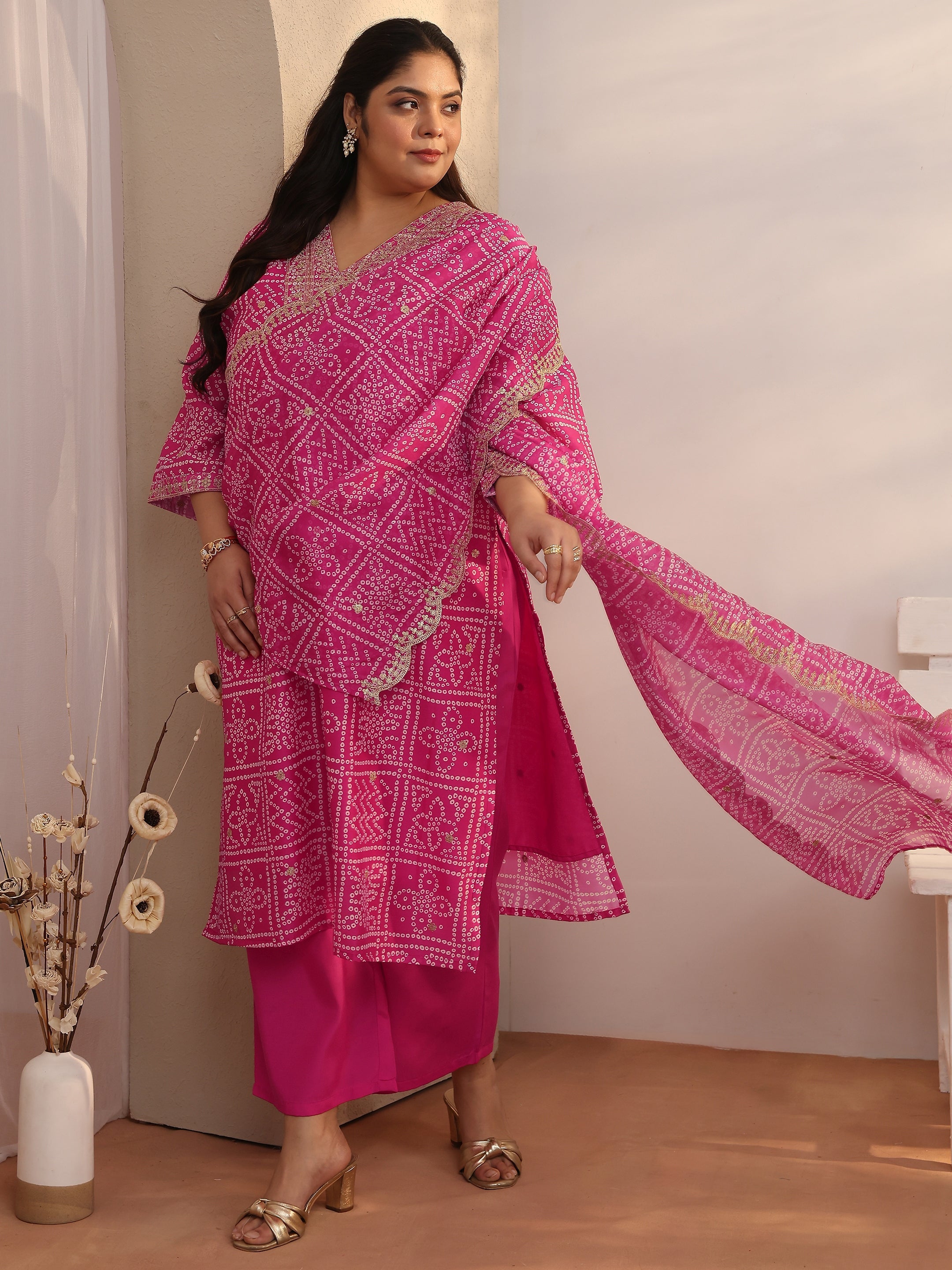 libas Plus Size Pink Bandhani Printed Silk blend Straight Suit Set With Dupatta-picture-30