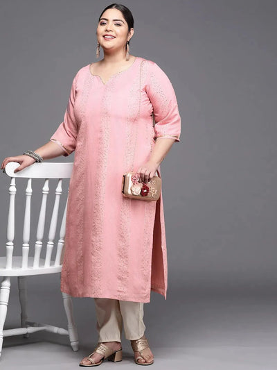 Plus Size Pink Embellished Chanderi Silk Kurta - Libas