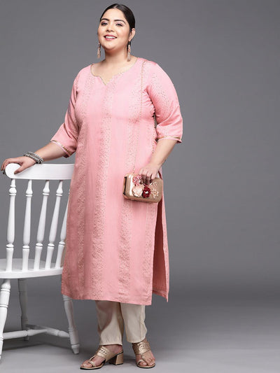 Plus Size Pink Embellished Chanderi Silk Kurta - Libas
