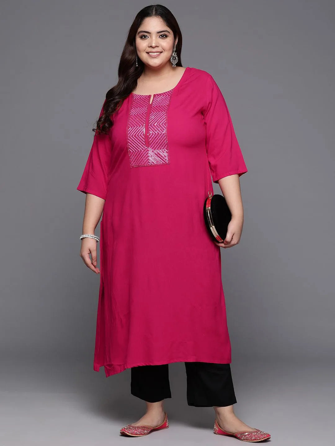 Plus Size Pink Embellished Rayon Straight Kurta - Libas 