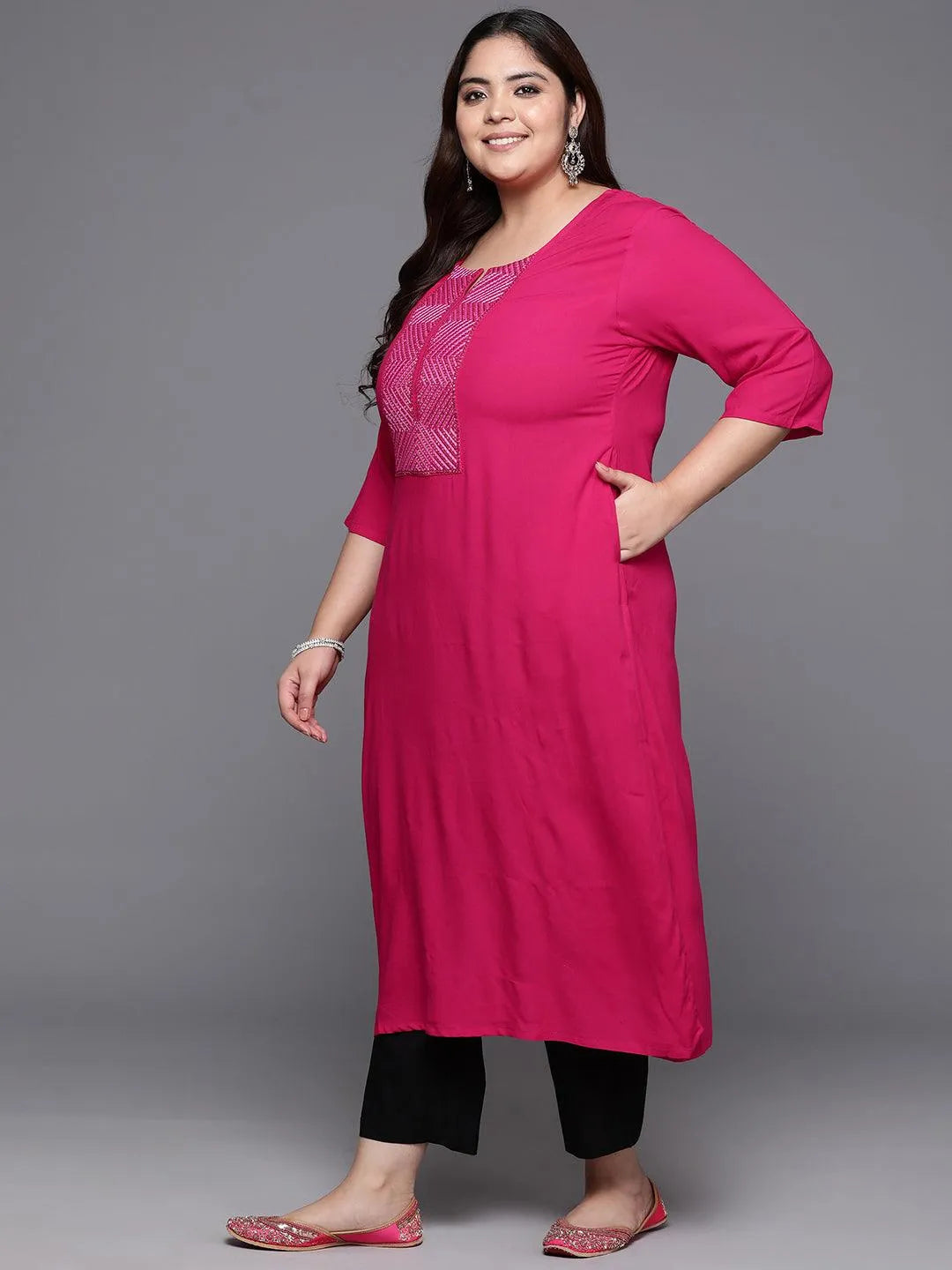 Plus Size Pink Embellished Rayon Straight Kurta - Libas 