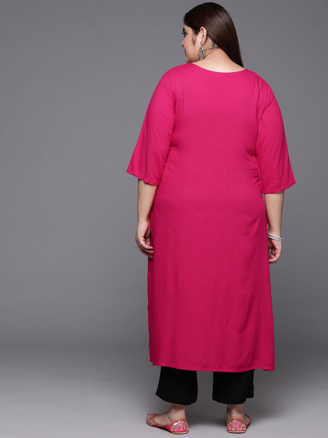 Plus Size Pink Embellished Rayon Straight Kurta - Libas