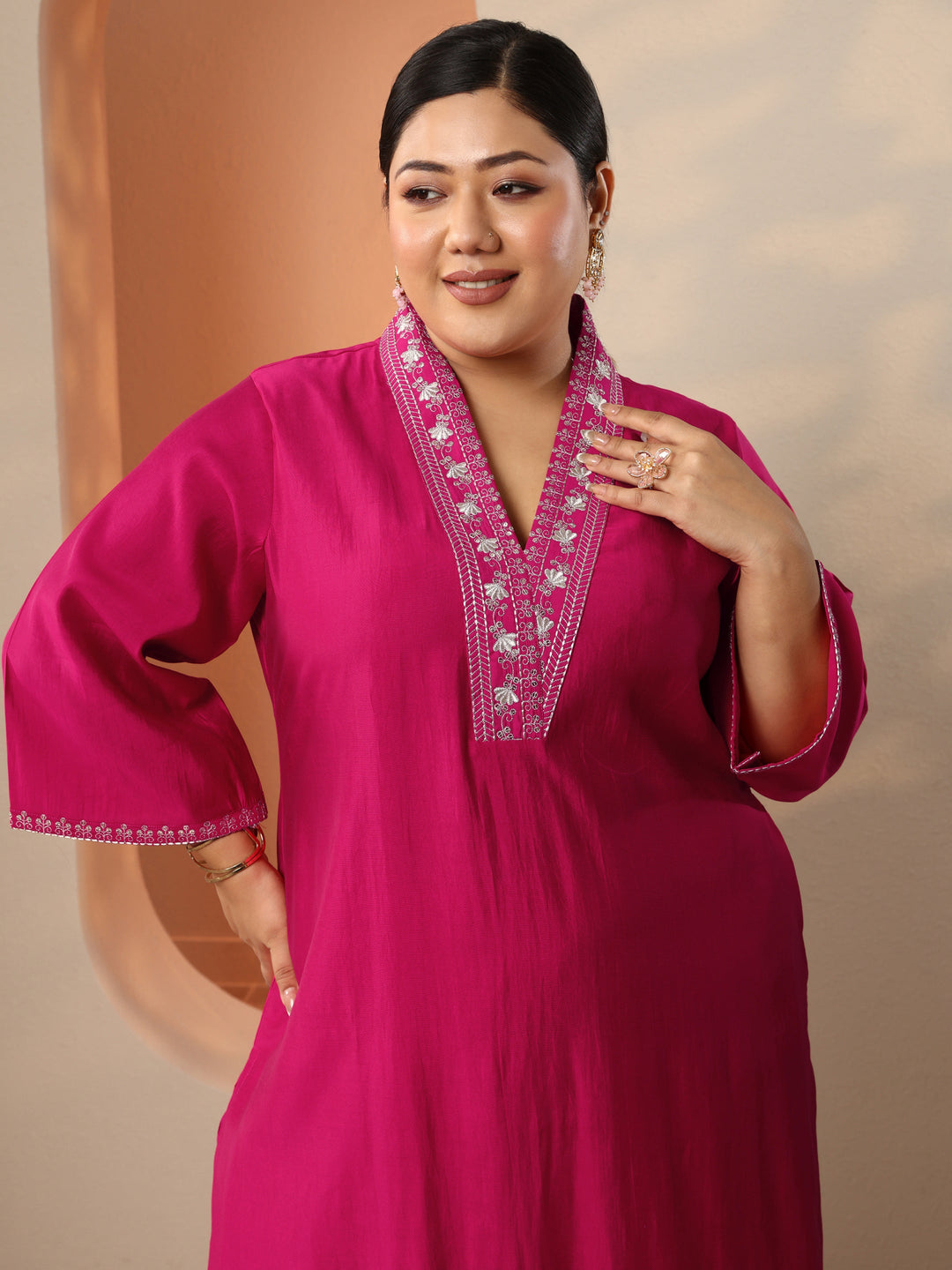  Plus Size Pink Embellished Silk Blend Straight Kurta 