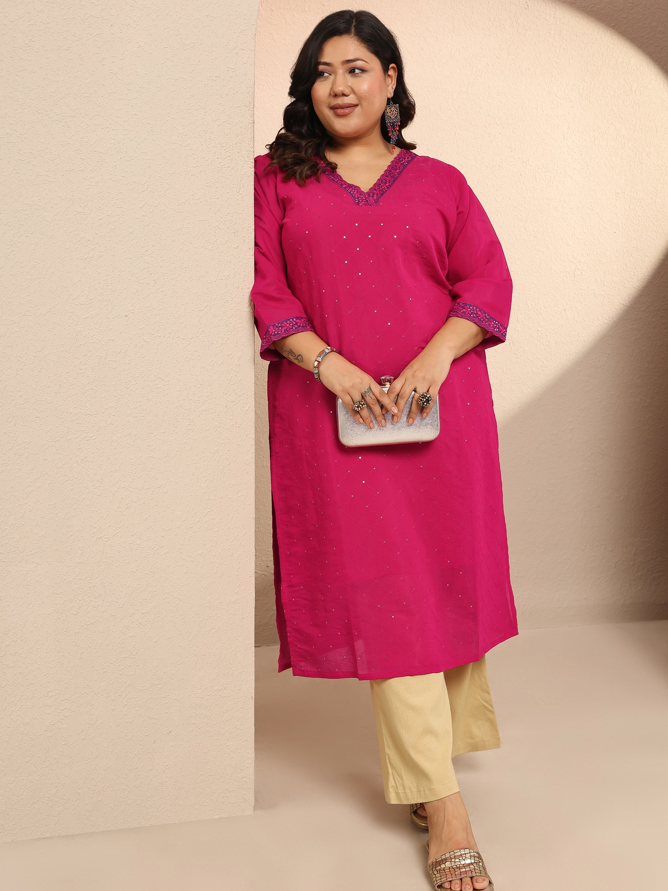 libas Plus Size Pink Embellished Silk Blend Straight Kurta-picture-60