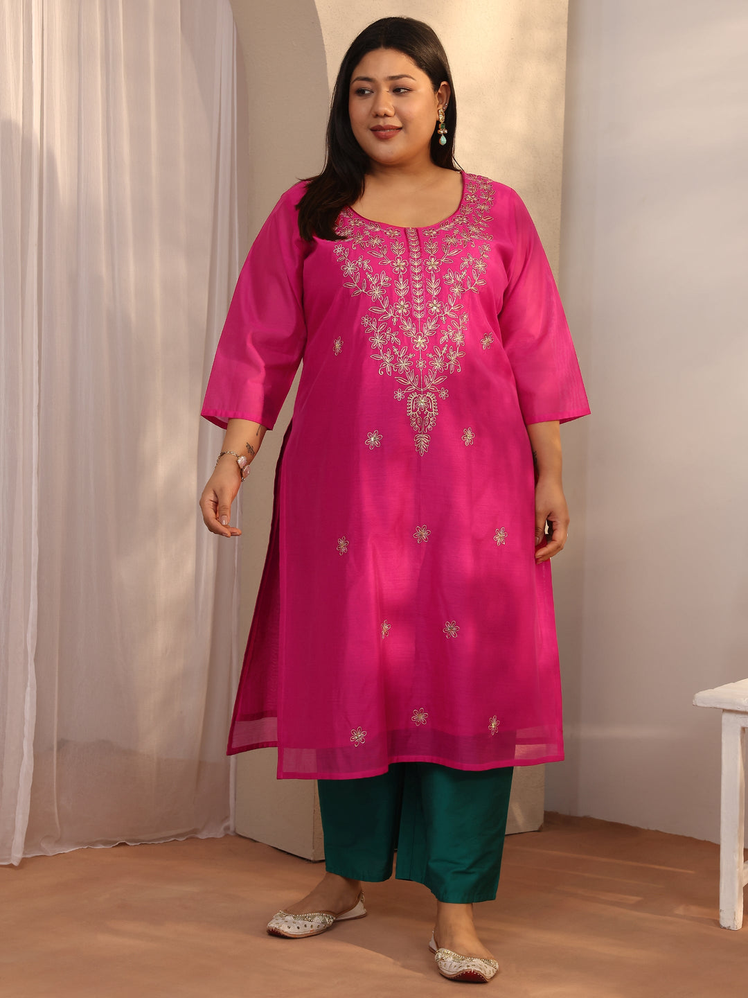 Plus Size Pink Embroidered Chanderi Silk Straight Kurta