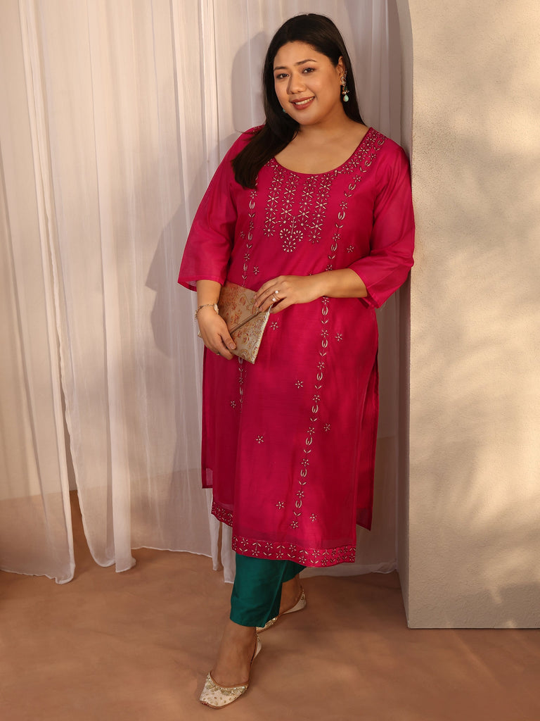 Plus Size Pink Embroidered Chanderi Silk Straight Kurta