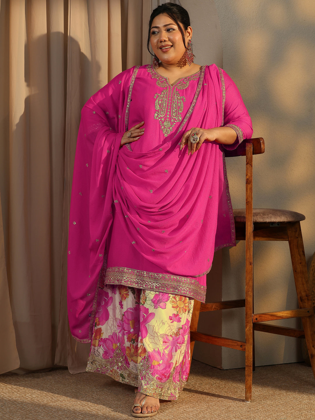  Plus Size Pink Embroidered Chinon Straight Suit Set With Dupatta 