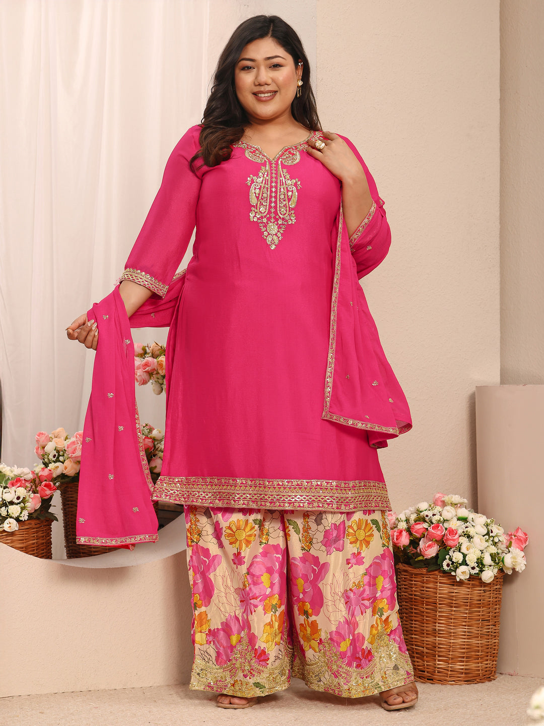 Plus Size Pink Embroidered Chinon Straight Suit Set With Dupatta