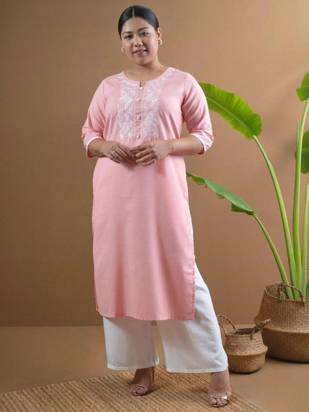 Plus Size Pink Embroidered Cotton Kurta - Libas