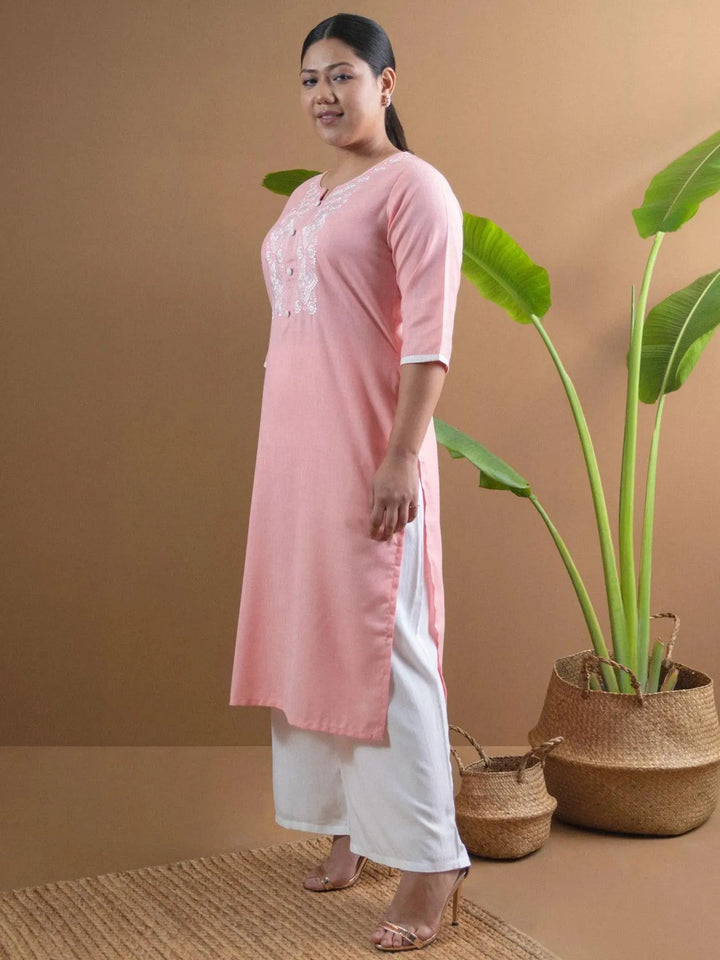 Plus Size Pink Embroidered Cotton Kurta - Libas