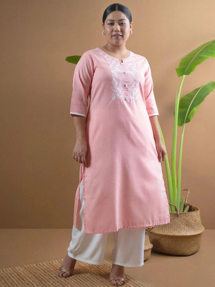 Plus Size Pink Embroidered Cotton Kurta - Libas