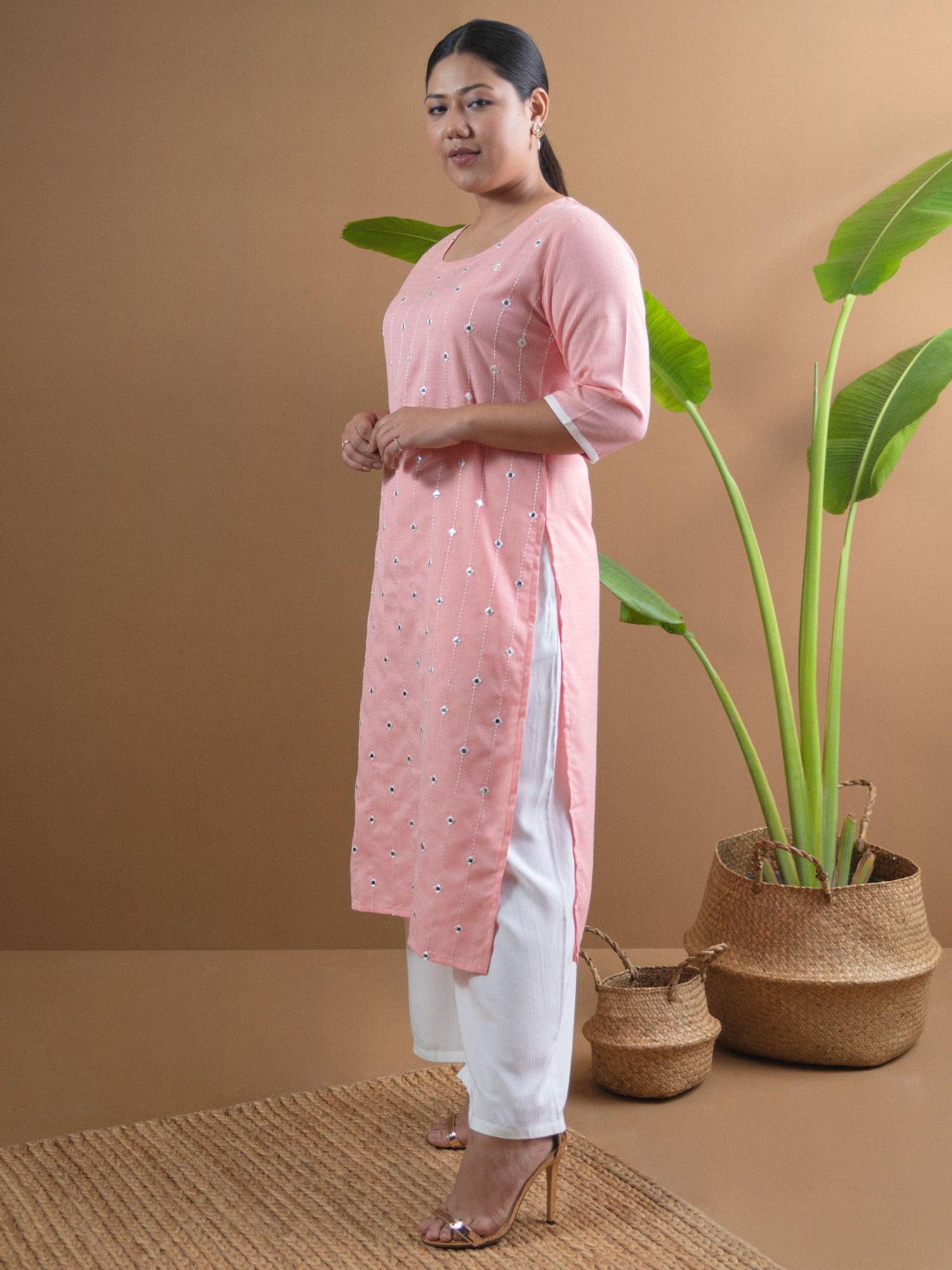 Plus Size Pink Embroidered Cotton Kurta