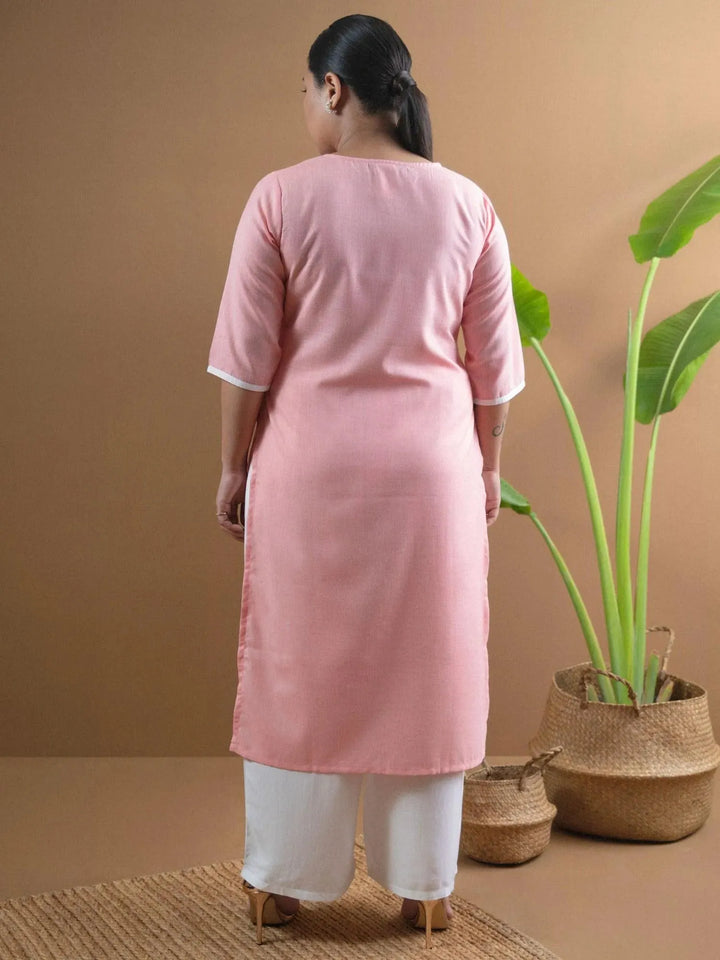 Plus Size Pink Embroidered Cotton Kurta - Libas