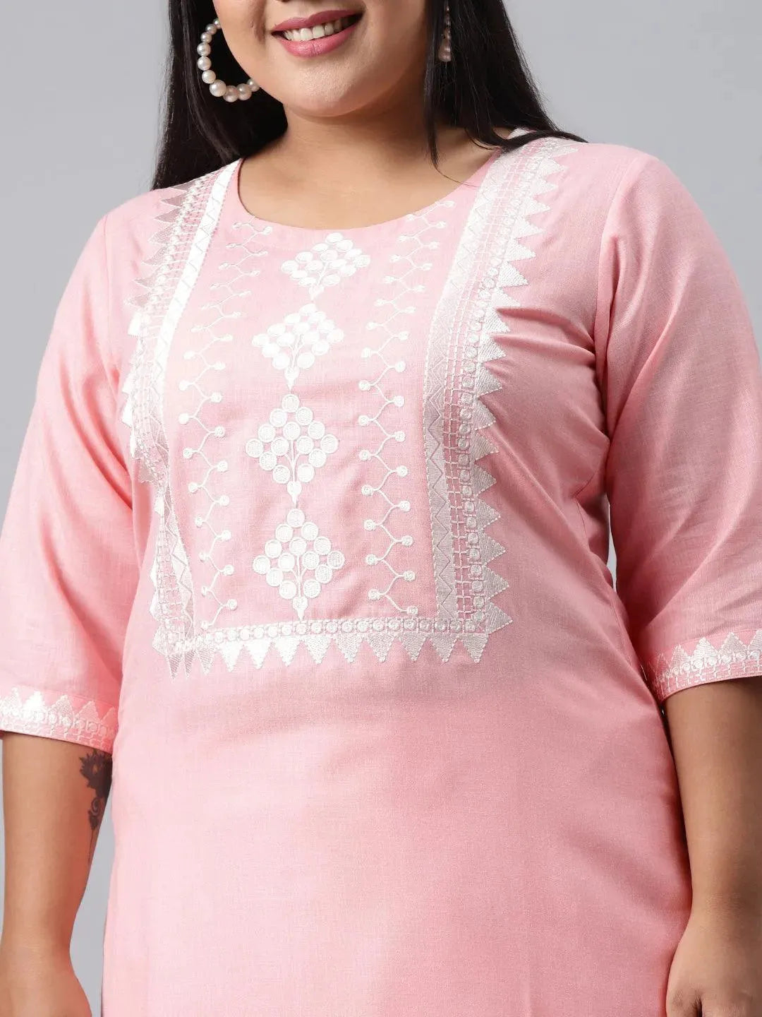 

Plus Size Pink Embroidered Cotton Kurta
