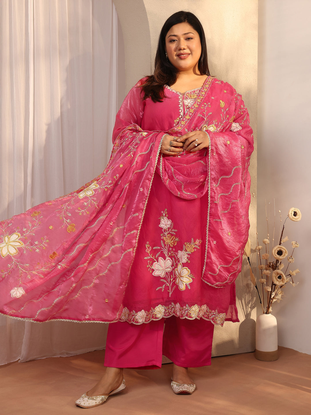 Plus Size Pink Embroidered Organza Straight Suit Set With Dupatta