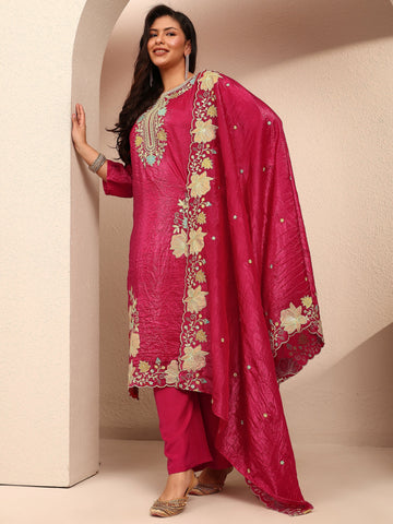 Plus Size Pink Embroidered Plus Size Clothing Organza Straight Suit Set With Dupatta