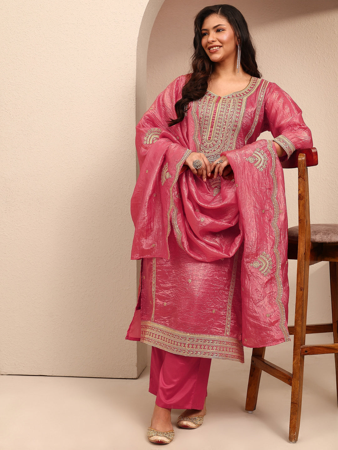 Plus Size Pink Embroidered Plus Size Clothing Organza Straight Suit Set With Dupatta