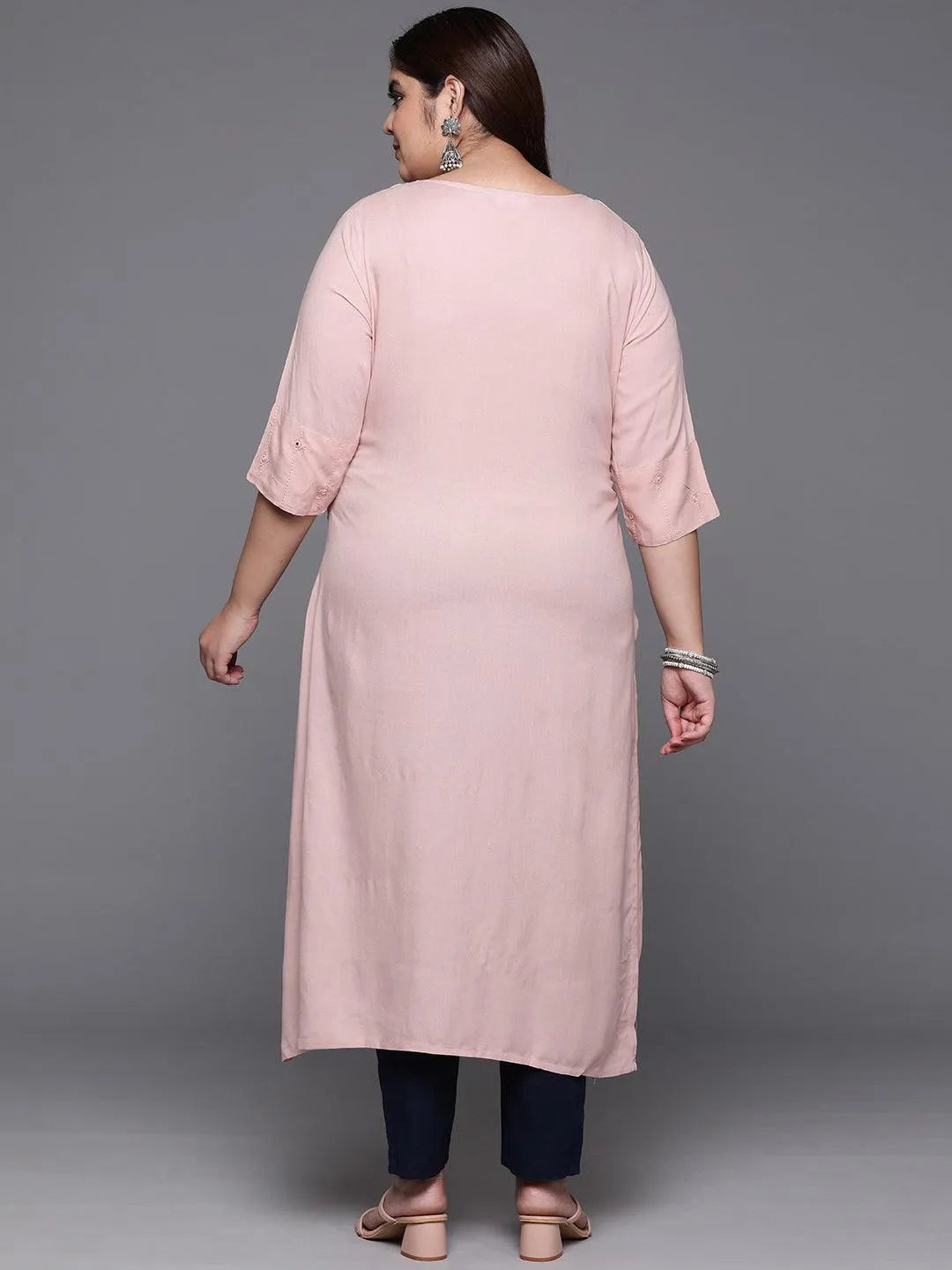 Plus Size Pink Embroidered Rayon Straight Kurta - Libas 