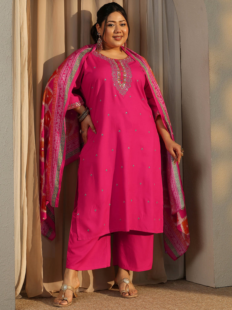 Plus Size Pink Embroidered Rayon Straight Suit Set With Dupatta