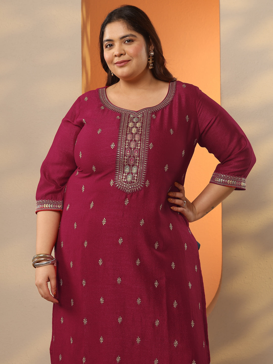 Plus Size Pink Embroidered Silk Blend Straight Kurta