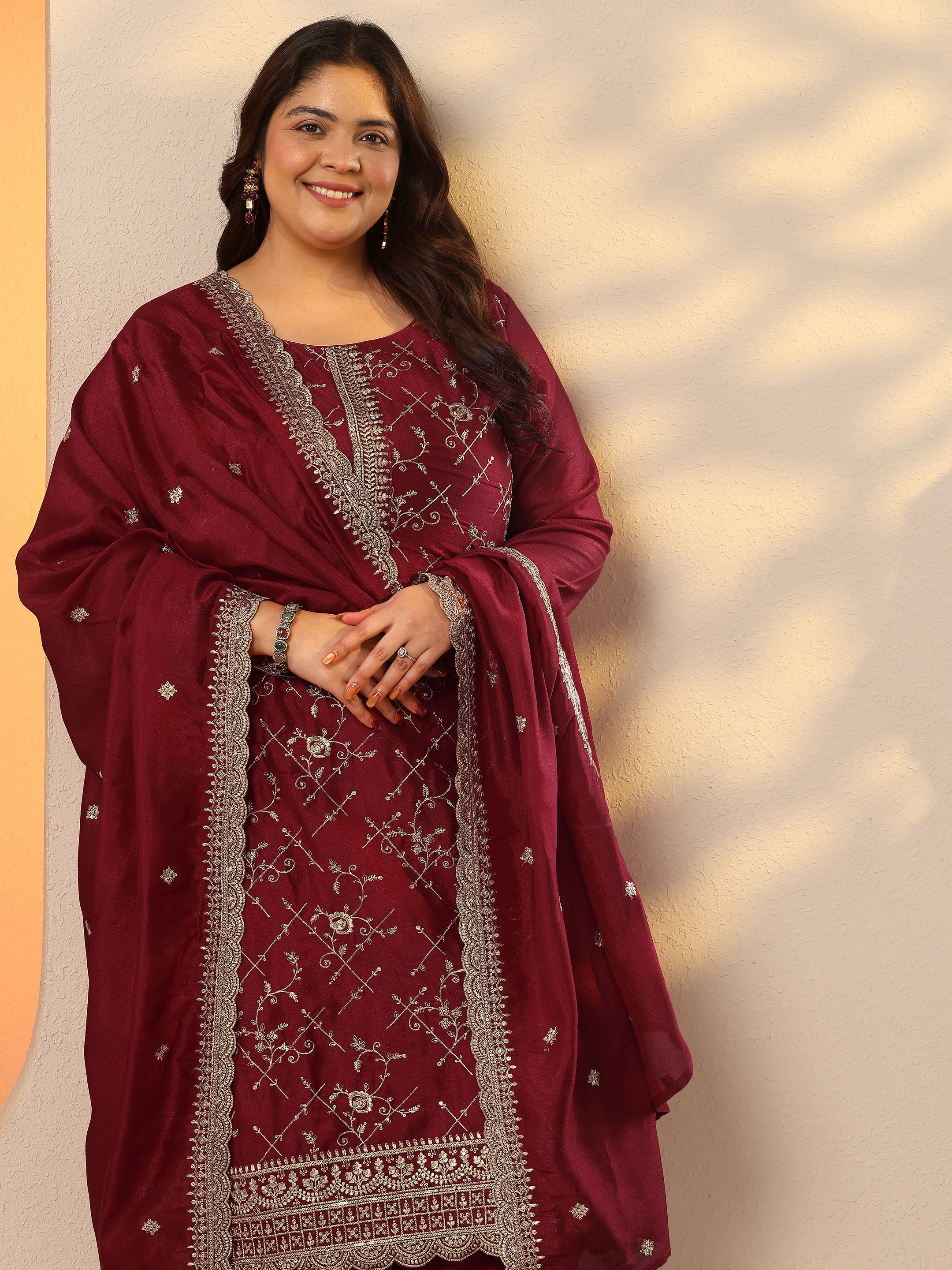 libas Plus Size Pink Embroidered Silk Blend Straight Suit Set With Dupatta-picture-68