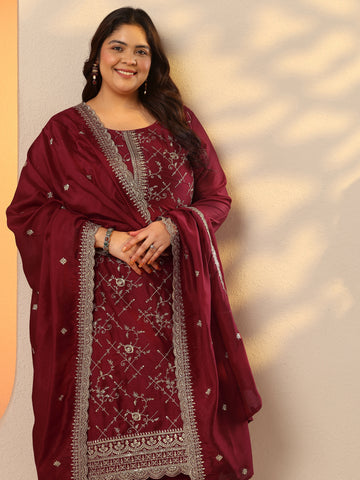 Plus Size Pink Embroidered Silk Blend Straight Suit Set With Dupatta