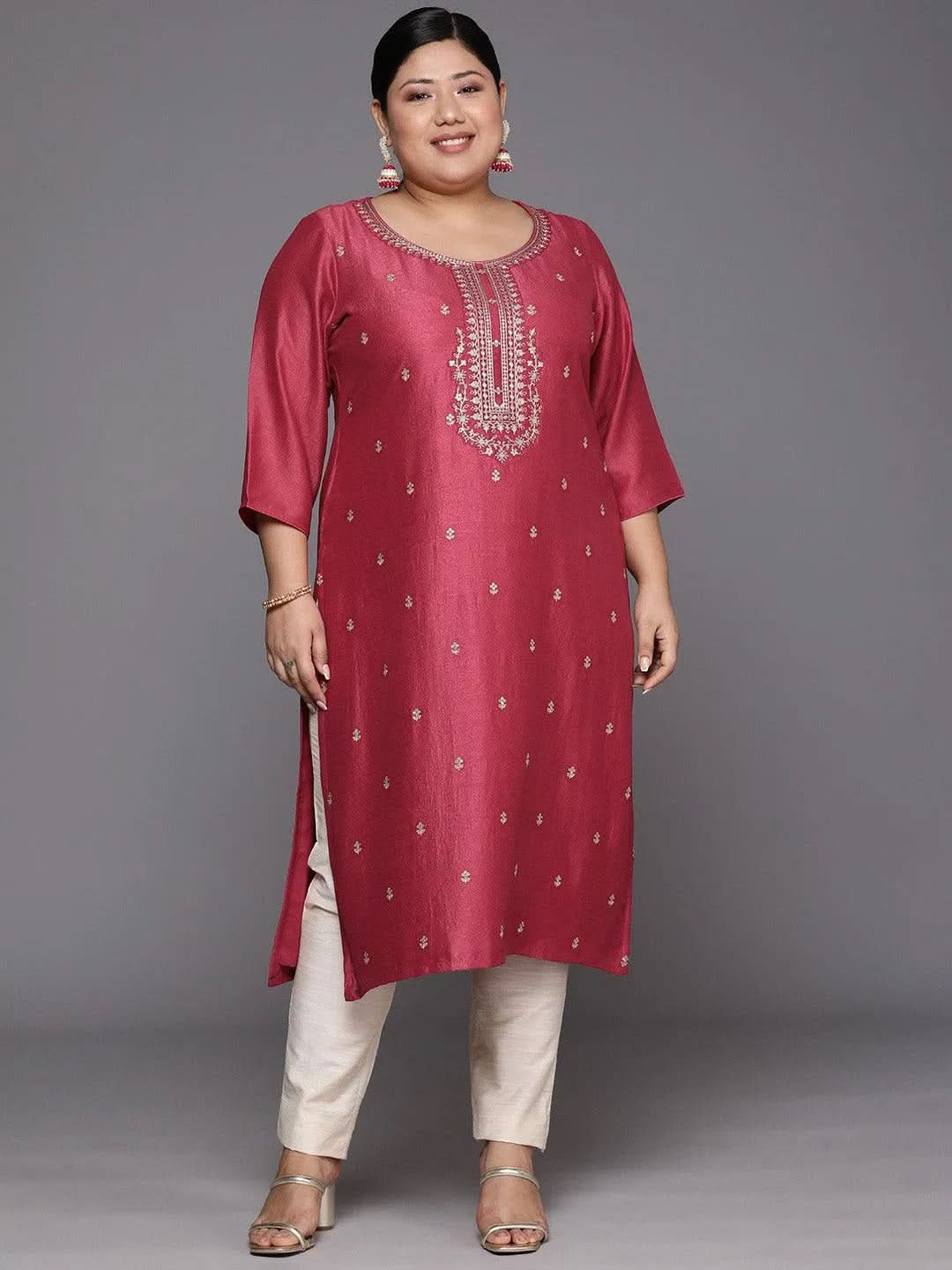 Plus Size Pink Embroidered Silk Straight Kurta - Libas 