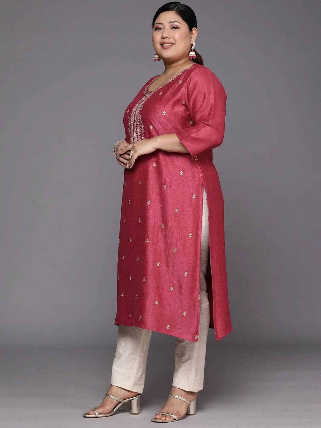 Plus Size Pink Embroidered Silk Straight Kurta - Libas 