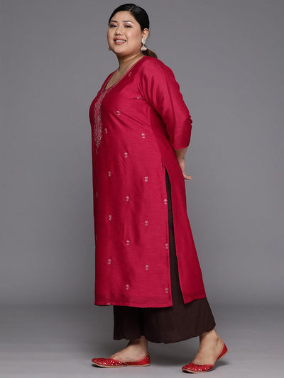 Plus Size Pink Embroidered Silk Straight Kurta - Libas