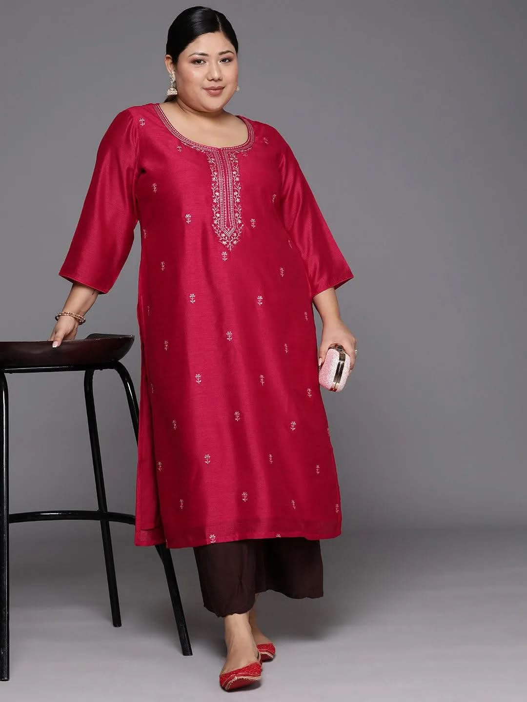 Plus Size Pink Embroidered Silk Straight Kurta - Libas 
