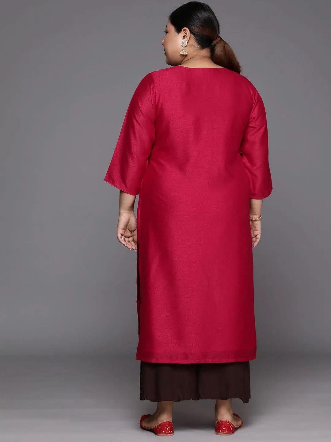 Plus Size Pink Embroidered Silk Straight Kurta - Libas 