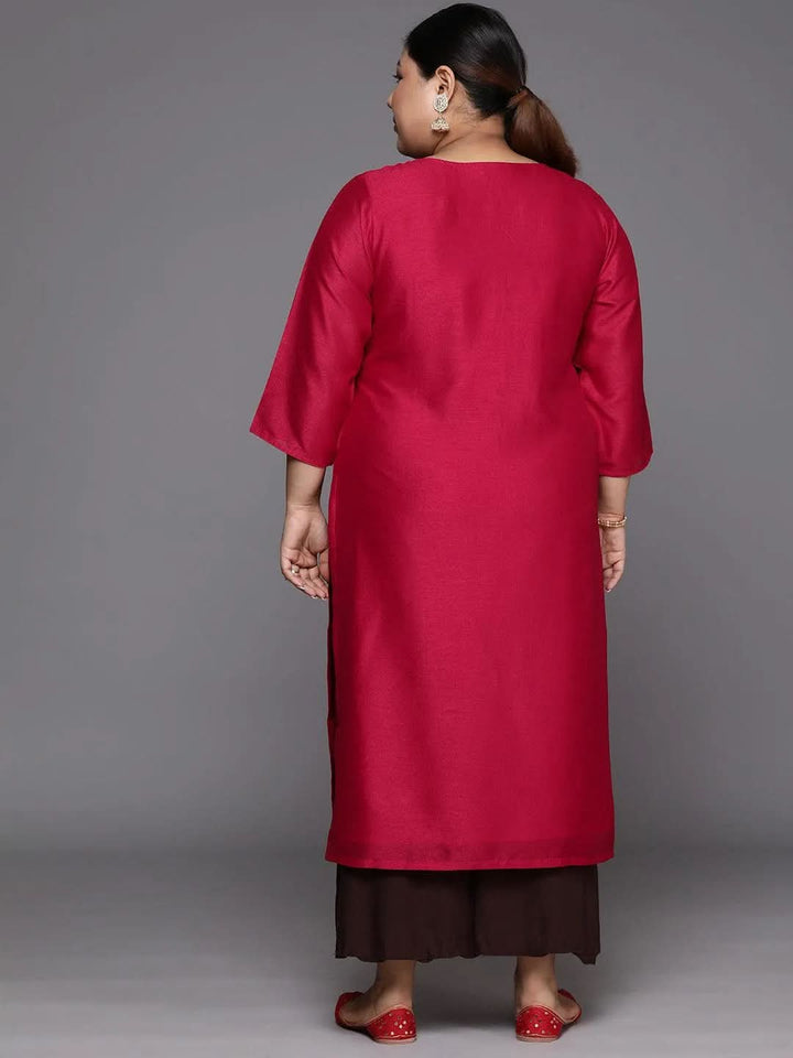 Plus Size Pink Embroidered Silk Straight Kurta - Libas