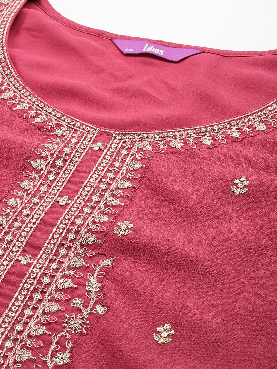 Plus Size Pink Embroidered Silk Straight Kurta - Libas