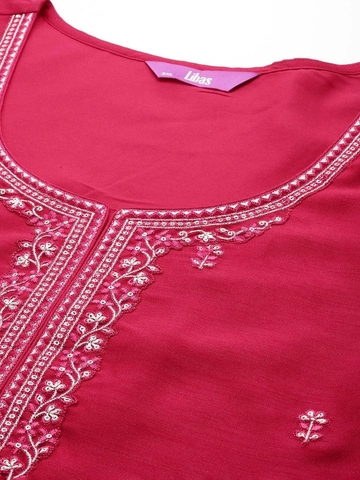 Plus Size Pink Embroidered Silk Straight Kurta - Libas