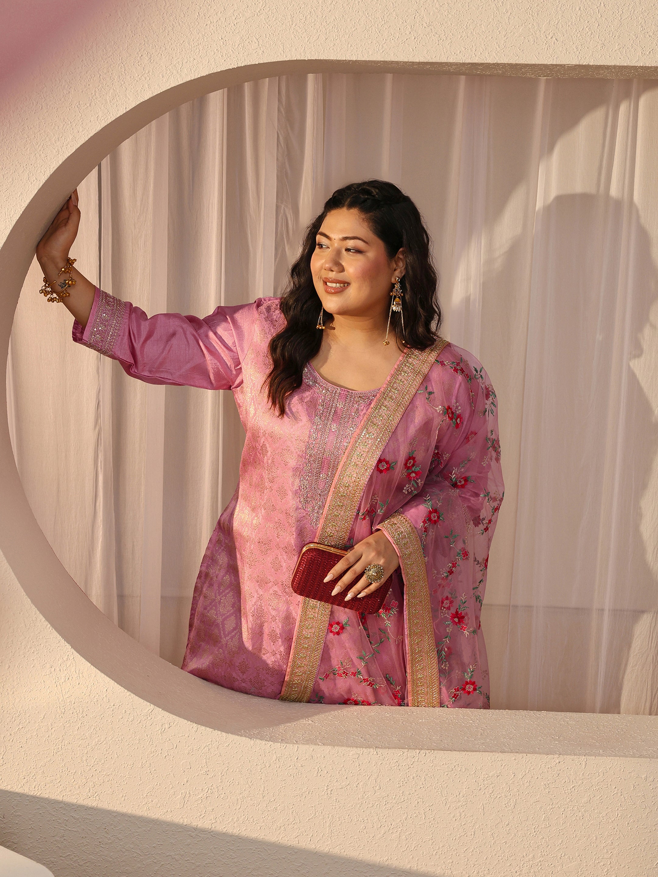 libas Plus Size Pink Ethnic Woven Design Silk Blend Straight Suit Set-picture-55