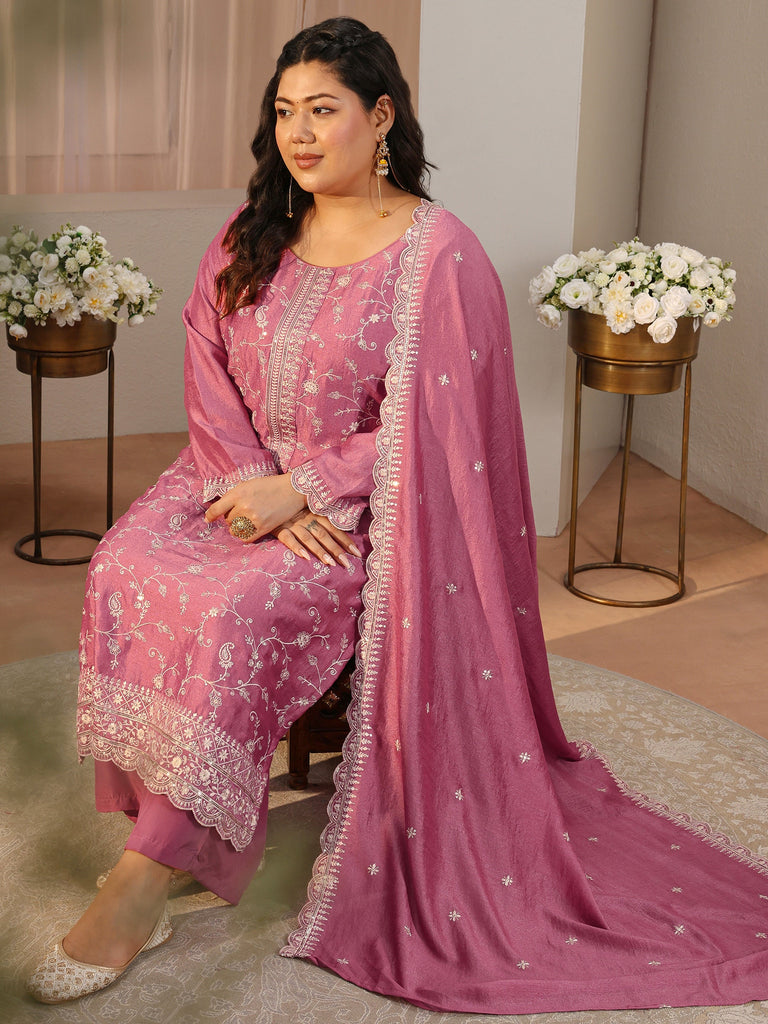 Plus Size Pink Floral Embroidered Silk Blend Straight Suit Set