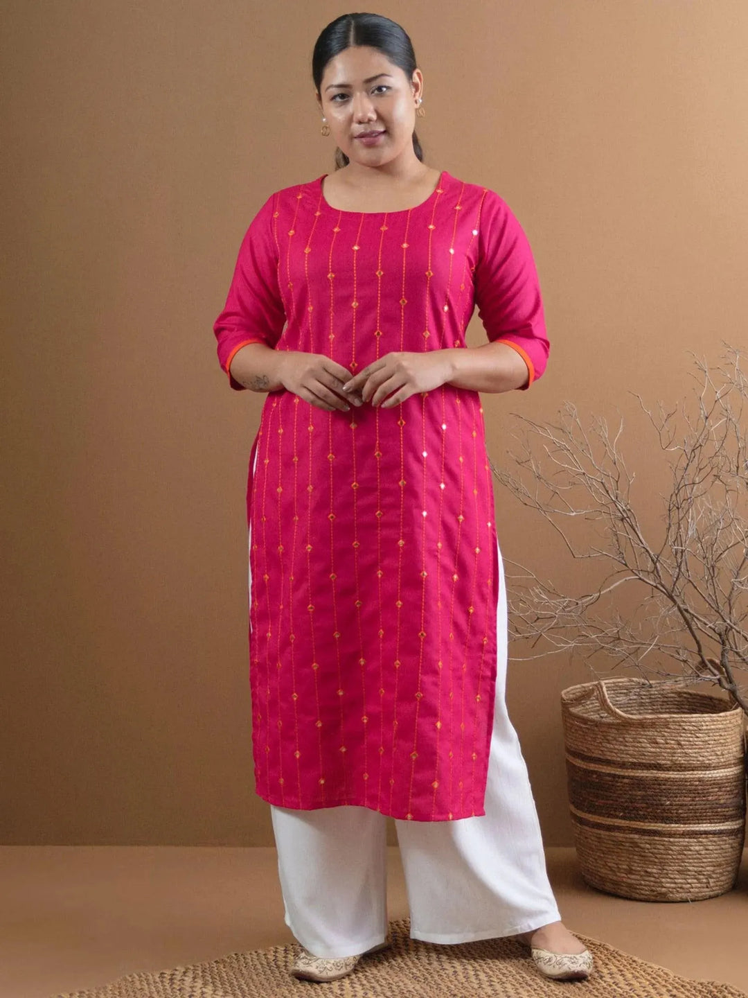 Plus Size Pink Mirror Work Cotton Kurta - Libas