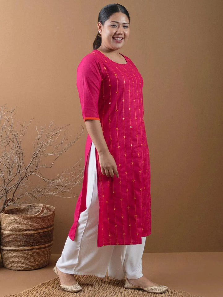 Plus Size Pink Mirror Work Cotton Kurta - Libas