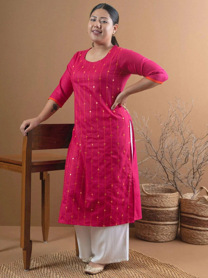 Plus Size Pink Mirror Work Cotton Kurta - Libas
